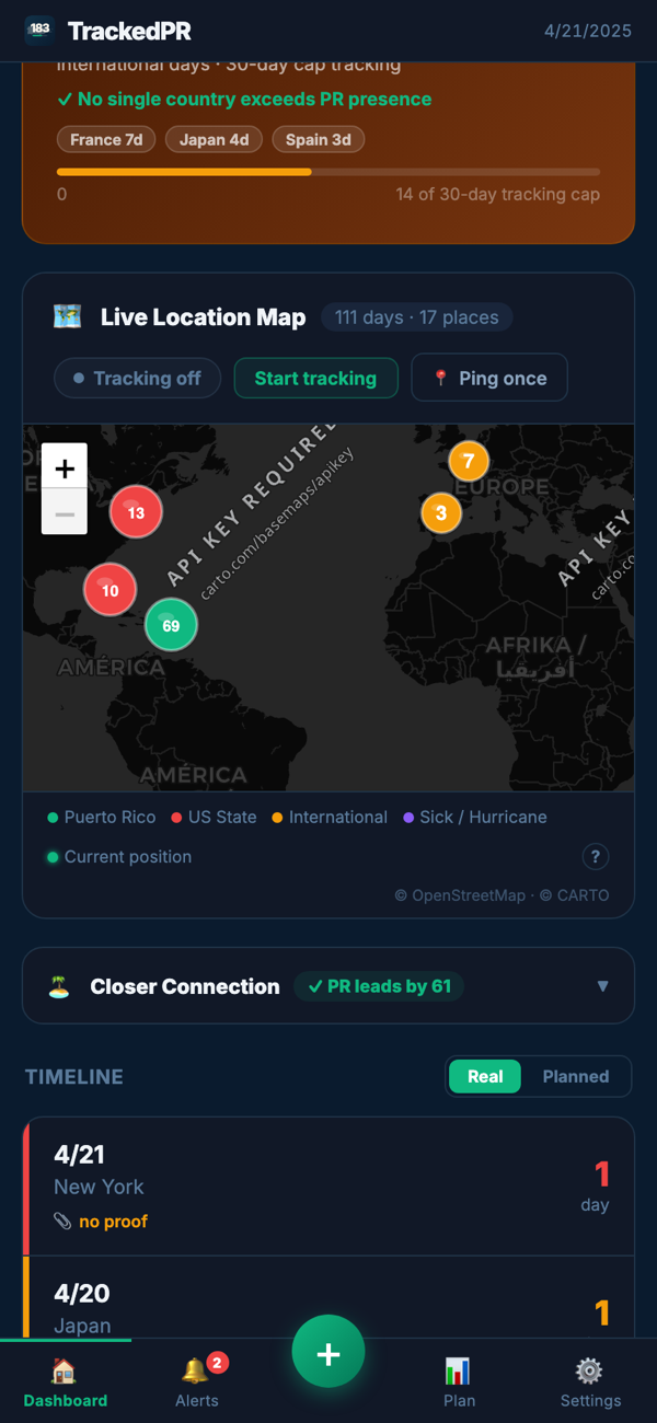 The live location map: logged days clustered by place and colour-coded — Puerto Rico, US state, international, and sick or hurricane days — above a timeline of recent stays.